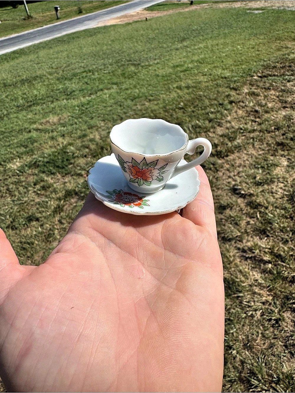Vintage mini Floral Teacup and Saucer in White & Red